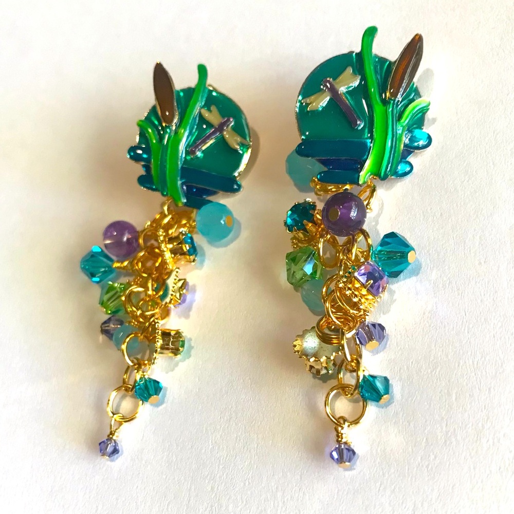Lunch at the Ritz dragonfly beaded earrings stamped colorful vintage